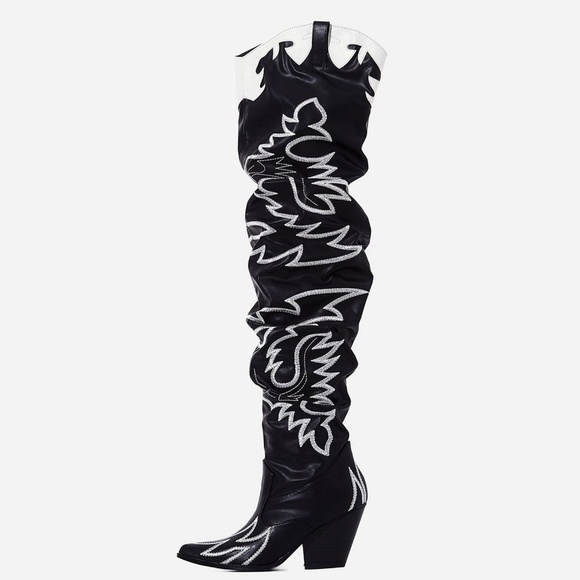 New Slouch Flame Embroidered Over The Knee Western Cowboy Cowgirl Boots Pull On - Picture 5 of 8